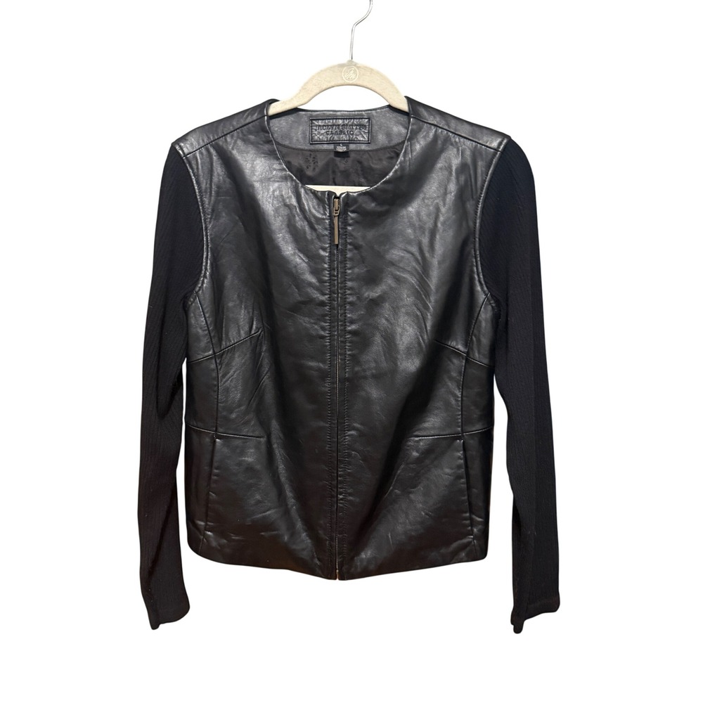 Jaclyn Smith Jacket Mixed Media Leather Knit Large Black Excellent Zip Front